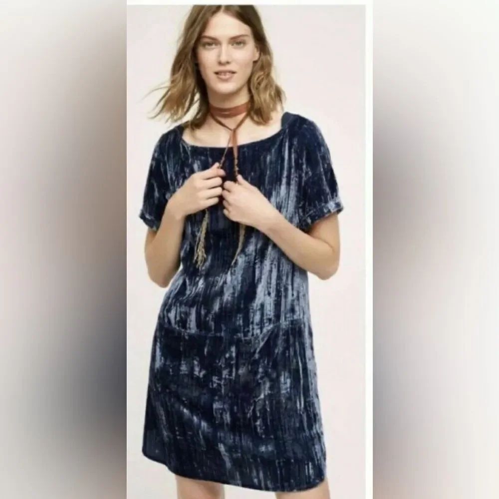 Anthropologie Floreat Crushed Velvet Blue Tunic Dress Size XS